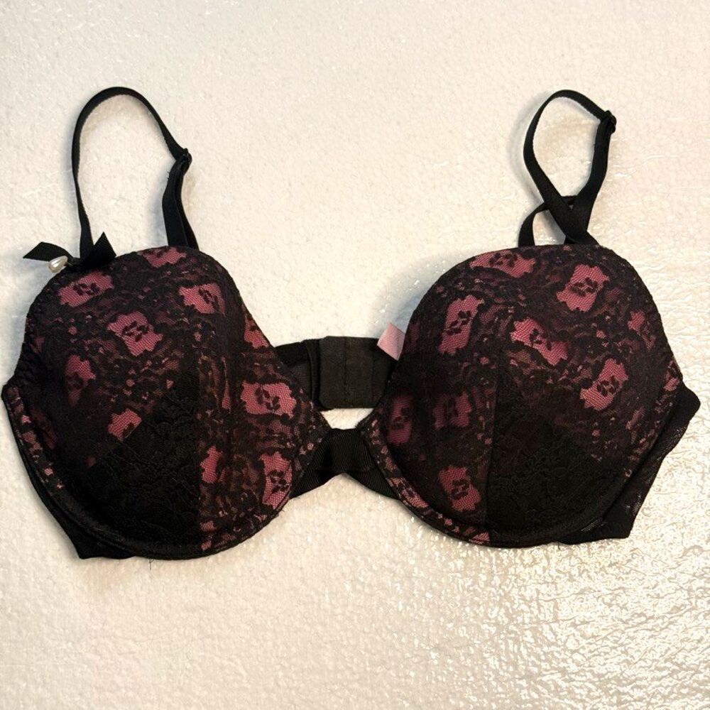 Victoria's Secret 34D Y2K Lace Bra Black Pink Peekaboo Pearl & Bow Underwire